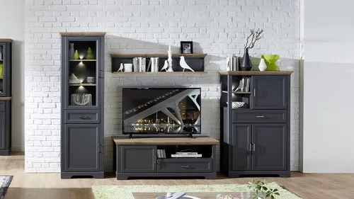 Wohnwand Anbauwand Set 1 Jasmin mit LED-Beleuchtung - TV-Möbel & Schrankwände, stilvolle 4-teilige Wohnwand in graphit grau und Artisan Eiche, mit integrierter LED-Beleuchtung für eine gemütliche Atmosphäre im Wohnzimmer.