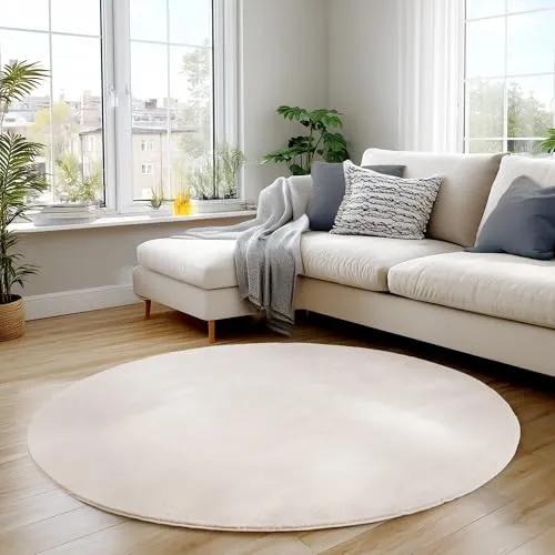 Carpettex Kurzflor Teppich Wohnzimmer 80 cm Rund Creme - Runder Teppich Waschbar, Weich, rutschfest, modern einfarbig Design - für Schlafzimmer, Küche, Esszimmer
