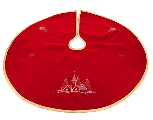 heimtexland ® Weihnachtsbaum-Decke Rund 90 cm Bestickt Rot Gold Weihnachts-Deko Baumständer-Schürze Typ618