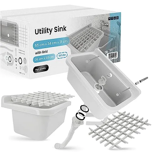 Waschbecken Spülbecken Ausgussbecken Waschtrog Becken 55 x 34 x 21 cm Weiß mit Gitter 36 x 30 cm Gewerbe Waschraum Garten Garage Keller Werkstatt Waschküche Außenwaschbecken Gartenwaschbecken