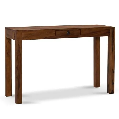 FineBuy Bürotisch 118 cm aus Sheesham Massivholz - Robuster Kinderschreibtisch mit natürlicher Holzmaserung und praktischer Schublade, ideal für das Home Office oder das Kinderzimmer.