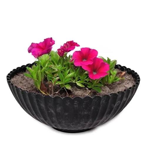 matches21 HOME & HOBBY Gewellte Pflanzschale für draussen in 16 x 6 cm schwarz marmoriert als wetterfeste Blumen-Schale