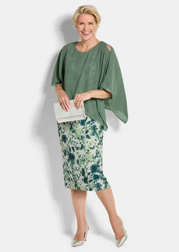 GOLDNER Abendkleid Cocktailkleid mit Chiffonüberwurf Festkleid mit und Chiffonüberwurf mit Rundhals, Knielänge und 3/4-Arm grün 44