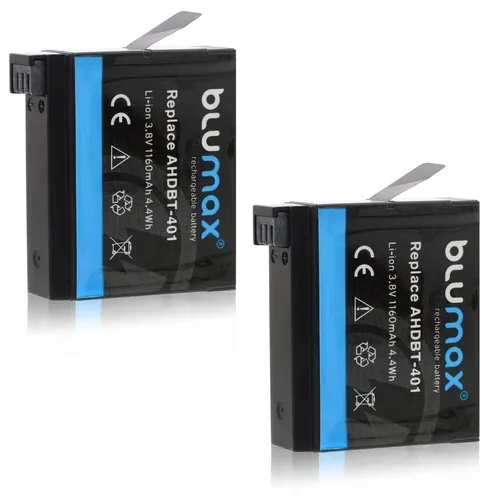 2x Blumax Akku für  GoPro Hero 4  AHDBT-401 Silver + Black 1160 mAh (3,8V)