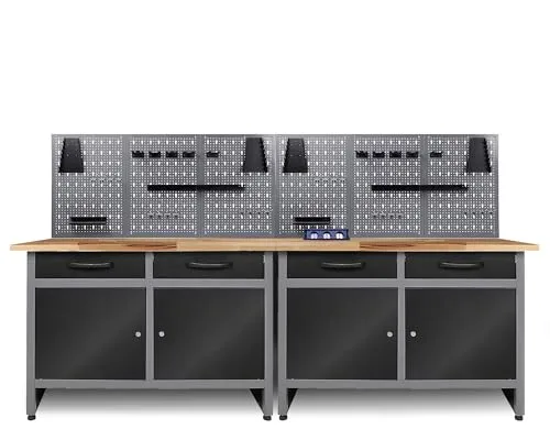 Produktbild Ondis24 Werkstatt Set 240 cm – 2x Werkbank mit Buchenholzplatte & Steckdosenleiste