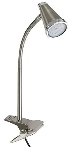 Trango 6612 LED Klemmleuchte I Tischlampe I Leseleuchte I Clip Lampe im Edelstahl-Optik mit Deko-Ring, Klemmspot I Nachtlicht I Schreibtischlampe inkl. 1x 5 Watt GU10 3000K warmweiß LED Leuchtmittel