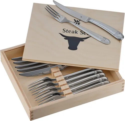 WMF Steakbesteck 12-teilig für 6 Personen - Hochwertiges Steakbesteck Set in stilvoller Holzkiste, rostfreier Cromargan Edelstahl, scharfe Messerklingen und spitze Gabelzinken für perfekten Steakgenuss.