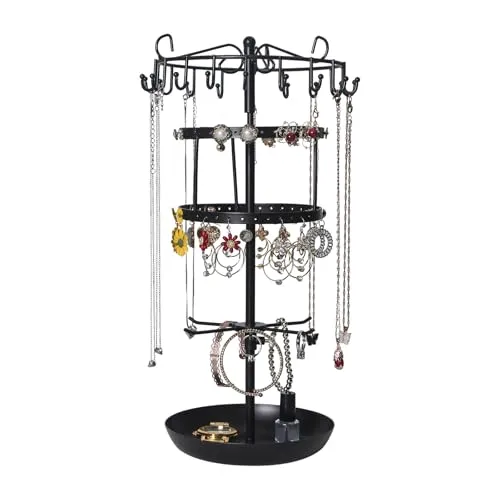 Naapesi 4-Stufiger Drehbarer Schmuckständer,24-Haken Schmuckbaum & 36 Ohrring-Halter, Metall Kettenhalter für Ohrring, Halskette, Armband, Schmuckhalter Ketten Aufbewahrung H42 x B20cm, Schwarz