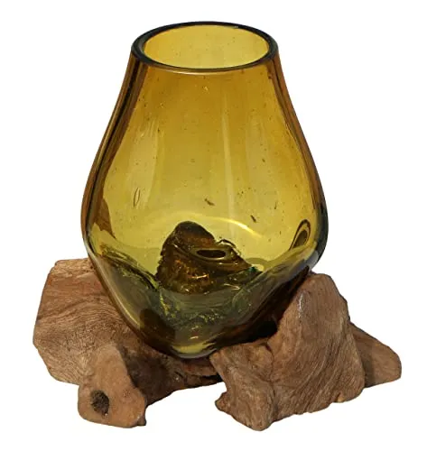 Wogeka Dekovase Glas-Vase auf Wurzelholz Teakholz Gamal, braun - Dekovase aus handgefertigtem Teakholz mit Glasvase, ideal für natürliche Akzente in Ihrem Zuhause. Durchmesser: 10 cm, Gewicht: 2000 g.