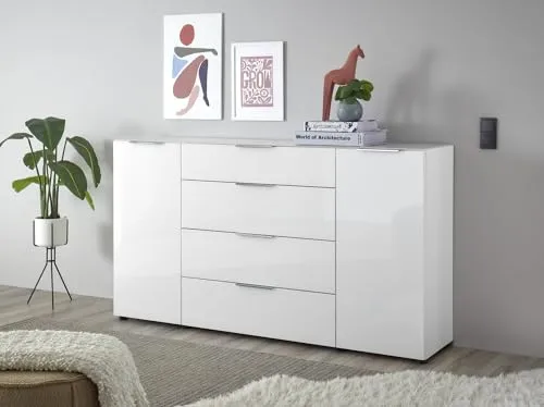 moebel-dich-auf Sideboard Kommode Trend 4, Front und Oberboden aus Glas, Metallgriffe, Soft-Close, (BxHxT) 180x99x40 cm (weiß)