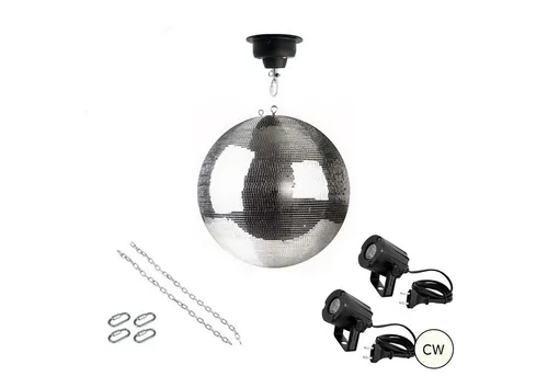 Spiegelkugel Komplettset 40cm mit Motor und LED Pinspots - Vollständiges Set für beeindruckende Lichtspiele: 40cm Sicherheits-Spiegelkugel, Motor mit Fallsicherung und 2 x 3W LED Pinspots. Ideal für Partys und Events, einfache Montage in nur 10 Minuten.
