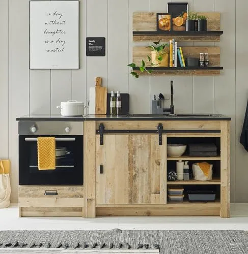 Furn.Design Küchenzeile in Used Wood hell und grau/anthrazit - Küchenschrank Set 4-teilig im Landhaus-Stil mit rustikalem Schiebetürenbeschlag, bietet viel Stauraum und ist aus FSC-zertifiziertem Holzwerkstoff für nachhaltige Küche.