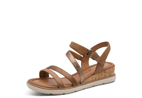 Tamaris Keilsandalette Sommerschuh in veganer Verarbeitung, braun 41 EU - Modische Riemchensandale in Größe 41 mit 4,5 cm Keilabsatz und Glitzerstreifen. Ideal für den Sommer, bequem durch gepolsterte Innensohle und Klettverschluss.