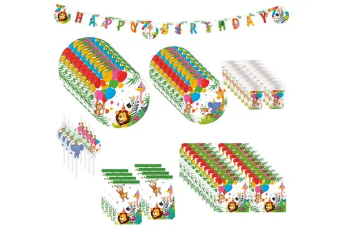 Procos Einweggeschirr-Set 69-tlg. Dschungel Ballon für Kindergeburtstag - Vielseitiges 69-tlg. Partyset für 8 Personen im Dschungel-Motiv. Enthält Pappteller, Becher, Servietten und mehr - ideal für eine unvergessliche Feier.