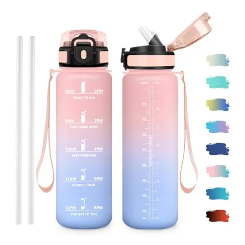 JAPORIA Sportflasche 1L, BPA-frei, Auslaufsicher, Trinkflasche mit Strohhalm, Motivierende Wasserflasche für Fitness, Schule, Fahrrad, Yoga, Camping