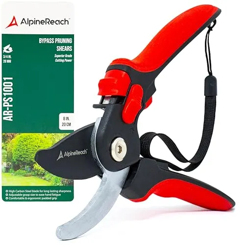 AlpineReach Bypass Gartenschere für den Garten, scharfe Klinge aus Hartstahl, verstellbarer weicher Griff für kleine und große Hände, ergonomische Baumschere, 20 cm Handschere trimmt Baumzweige, Äste