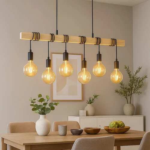 LED Hängelampe Holzbalken Pendellampe, höhenverstellbar für Esstisch - Lampen mit rustikalem Charme aus Eicheoptik und Stahl, ideal für Esszimmer und Küchen. Inklusive 6x 4W warmweiße Filament-LEDs für stimmungsvolle Beleuchtung.