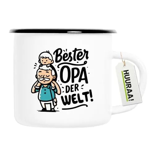Huuraa Emaille Tasse Bester Opa der Welt Geschenk 300ml Vintage Emaille Becher Bester Opa Geschenkidee