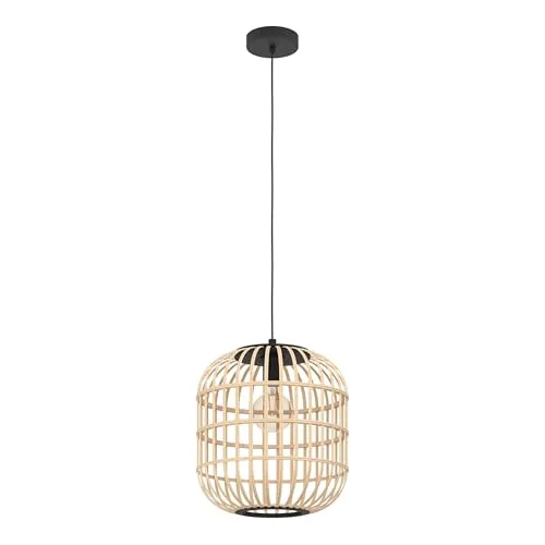 EGLO Pendelleuchte Bordesley - Vintage Hängelampe in Schwarz und Holz - Lampen - Stilvolle 1-flammige Hängelampe im Boho-Look, erzeugt faszinierendes Lichtspiel durch den Holzschirm und ist ideal für Ess- und Wohnzimmer.
