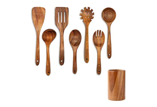 OKWISH Kochbesteck-Set Holz Küchenhelfer Set Kochgeschirr Küchenutensilien (Holzutensilien Holz Kochset Antihaft Hitzebeständig mit Utensilienhalter, 8-tlg., Holzspatel, Sieblöffel, Salatgabel, Kochutensilien), langlebig Küchenwerkzeuge für Antihaftpfannen, dekorativ, Geschenk