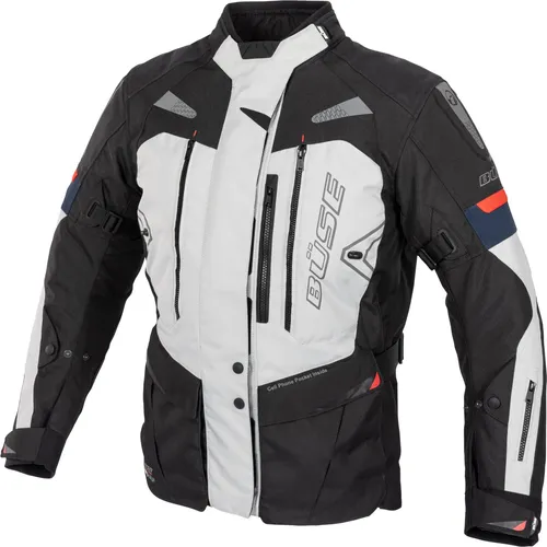 Büse Monterey Textiljacke - Wasserdicht in Schwarz/Hellgrau/Blau, Größe 50 - Hochwertige Motorradjacke aus 450D Polyester mit entnehmbarer HUMAX® Klimamembrane, winddicht und atmungsaktiv. Ideal für Komfort und Sicherheit beim Fahren.