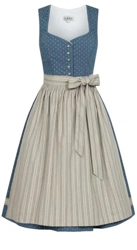 Nübler Trachtenkleid Midi Dirndl Felicitas in Rauchblau - Kleider, 100% Baumwolle mit herzförmigem Ausschnitt und Knopfverschluss, ideal für festliche Anlässe und traditionelle Feiern.