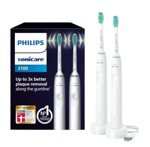 Philips Sonicare 3100 - Elektrische Schallzahnbürste, sanfte Reinigung mit Andruckkontrolle und Timer, im praktischen Zweierpack