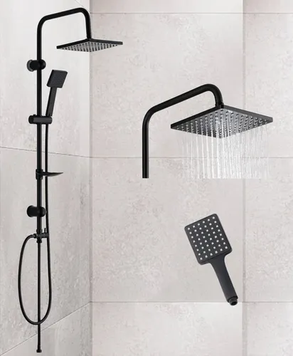 Duschsystem Regendusche Set Schwarz - Elegantes Duschsystem mit quadratischer Regendusche aus Edelstahl in Schwarz, ideal für ein modernes Badezimmer.