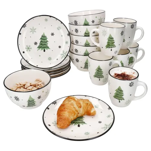 MamboCat Frühstücks-Geschirrset 18tlg - Festliche Weihnachtsbaum-Design - Geschirr-Frühstückssets für 6 Personen, aus robustem Steingut mit festlichem Weihnachtsbaum-Motiv, spülmaschinen- und mikrowellengeeignet.