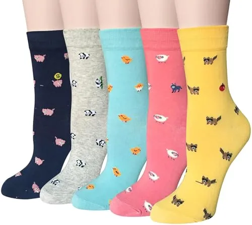 Chalier Cozy 5 Paar süße Damen Socken mit Hundemotiv, bunte lustige Freizeitsocken aus Baumwolle, modische Halbsocken als Geschenk für Frauen, Einheitsgröße（Gelb）
