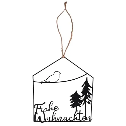 UNUS Aufhänger Frohe Weihnachten in Hausform schwarzes Metall mit Vogel und Tannen stilvolle Weihnachtsdeko