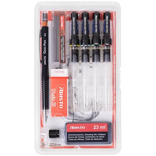 ARISTO mg1 pro Studio Tuschefüller-Set schwarz - Fineliner Set mit 4 Tuschefüllern (0,25/0,35/0,5/0,7 mm) für präzises Zeichnen und Schreiben, ideal für Künstler und Designer.