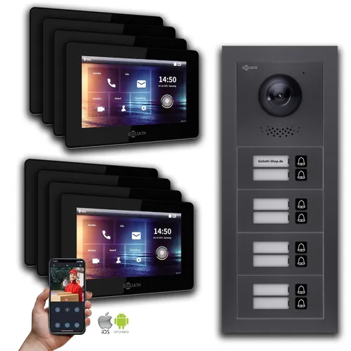 Goliath IP Video Türsprechanlage für 8 Familienhäuser – 7 Zoll Schwarz mit App - Moderne IP Video Türsprechanlage mit 7 Zoll Touchscreen. HD-Kamera, Interkom-Funktion und erweiterbare Sicherheitsoptionen bieten höchsten Komfort und zuverlässige Sicherheit für Ihr Zuhause.