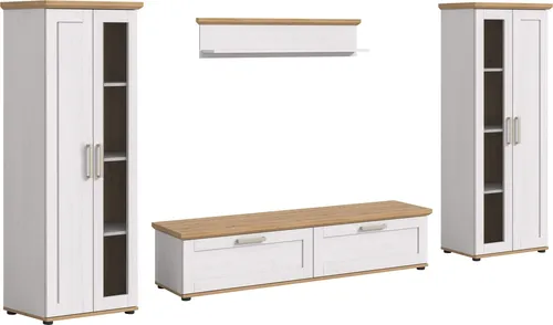 Wohnwand >Verona< (4-teilig) in Sibiu Lärche Nachbildung - Stilvolle 4-teilige Wohnkombination im Landhaus-Look mit Lowboard, Vitrinen und Wandboard. Bietet viel Stauraum und ansprechende Präsentationsflächen für Ihr Zuhause.