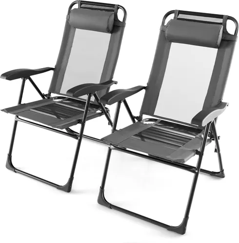 COSTWAY Klappstühle 2er Set mit Kopfstütze, 7-fach verstellbar - Ergonomisches Klappstuhl-Set für Garten und Terrasse mit 7 verstellbaren Rückenlehnenpositionen. Robuster Metallrahmen, atmungsaktives Material und klappbares Design für einfachen Transport und Lagerung.