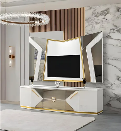 Weißes TV-Lowboard für modernes Wohnzimmer - Elegantes TV-Lowboard in Weiß, aus hochwertigem Holz, mit 2 Türen und 2 Schubladen für optimalen Stauraum. Ideal für Ihr Wohnzimmer, Maße: 208 x 49 x 195 cm, mit 2 Jahren Herstellergarantie.