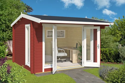 Gartenhaus Blockhaus Satteldach 44 mm Jubilee 44 rot 370x320 cm - Robustes Gartenhaus aus 44 mm Blockbohlen mit abschließbarer Doppeltür, ideal für Gartenlagerung oder Freizeit, inklusive Holzfußboden und Isolierverglasung.
