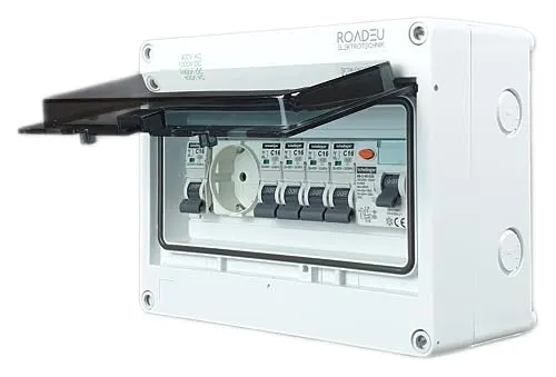 RoadEu Leitungsschutzschalter mit Fi Schutzschalter und Schuko Steckdose 16A - Verteilerkasten IP65, ideal für Haushalt und Industrie. Robuste und langlebige Konstruktion mit einfacher Installation und sicherer Verbindung.