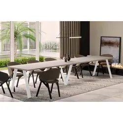 ENDO-Möbel Ausziehbarer Esstisch XXL Lungo White 130-405cm - Beige - Moderner Esstisch für bis zu 12 Personen, aus robustem Nachbildungsfurnier mit stabiler Tischplatte. Ideal für große Familienfeiern, einfach erweiterbar mit praktischen Platten. Elegantes Design mit weißem Metallgestell.