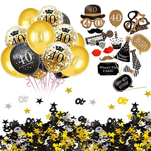 Oblique Unique® 40. Geburtstag Party Feier Deko Set - Happy Birthday 40 Konfetti Luftballons Set + Fotorequisiten Fotoaccessoires + Konfetti Zahl 40 + Sterne Gold Silber Schwarz Mix