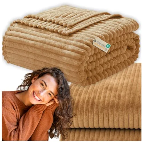 ZOLTA Kuscheldecke 200x220 cm Hellbraun (geprägt) Wohndecke Tagesdecke Sofaüberwurf warm weich dick geprägtes Muster Oeko-TEX pflegeleicht Geschenk Wohnzimmer Schlafzimmer Skandinavisch Polyester