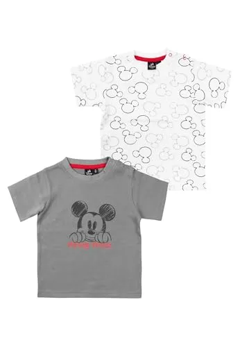 Disney Mickey Mouse Baby T-Shirt für Jungen und Mädchen - Shirt Babykleidung Kurzarm Weiß Grau (2er Pack) (DE/NL/SE/PL, Numerisch, 86, 92, Weiß/Grau)