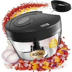 Lebenlang Zerkleinerer Manueller Zugseil-Gemüse- & Zwiebelzerkleinerer, 400 ml, Edelstahlklingen I Spülmaschinengeeignet I BPA-frei IRutschfeste Basis schwarz