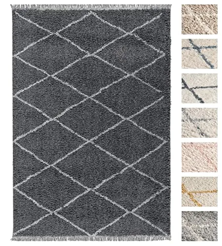 Wohnzimmer Shaggy Teppich 80 x 150 Grau Diamantmuster, Super Soft Moderner Hochflor Teppich