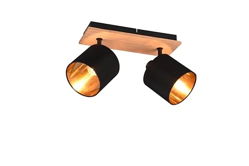 lightling Deckenlampe Benny, Deckenstrahler mit Lampenschirm aus Stoff in Schwarz, Innenseite Gold, Lampe mit Korpus aus Holz und Metall, exkl. 2 x E14 (max. 28W), Höhe: 19cm, Breite: 30cm