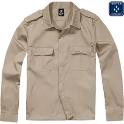 Brandit US Shirt Long Sleeve - Beige, Größe S - Herrenhemd aus wasserabweisendem Mischgewebe, ideal für Outdoor-Aktivitäten, mit Schulterklappen und praktischen Brusttaschen.