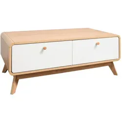 Caitlin TV-Möbel mit 2 Schubladen in Eichenholz und Weiß - Stylisches TV-Möbel im skandinavischen Design, gefertigt aus laminierten Spanplatten. Pflegeleichte Oberfläche und schwebendes Design bringen Eleganz und Gemütlichkeit in Ihr Wohnzimmer. Einfach zu montieren.
