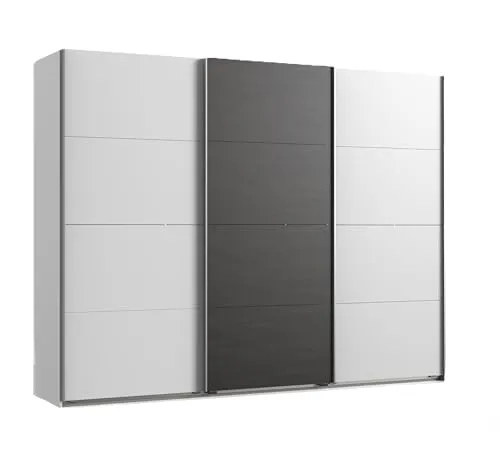 Moderner Schwebetürenschrank 3-türig B270/H208/T65 cm mit Metallgriffen, 3 Einlegeböden und 3 Kleiderstangen höhenverstellbar, Kleiderschrank mit Mitteltür in grauer Stahl-Optik / 22003