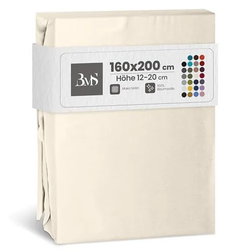 Bettwaesche-mit-Stil Mako Satin Spannbettlaken Spannlaken Spannbetttuch (160 cm x 200 cm, Matratzenhöhe 12-20 cm, Natur)
