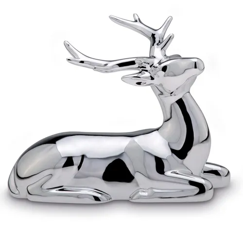 Kleine Liegende Silber Deko Rentier Figur & Geweih - Weihnachten Wildfigur 11 cm